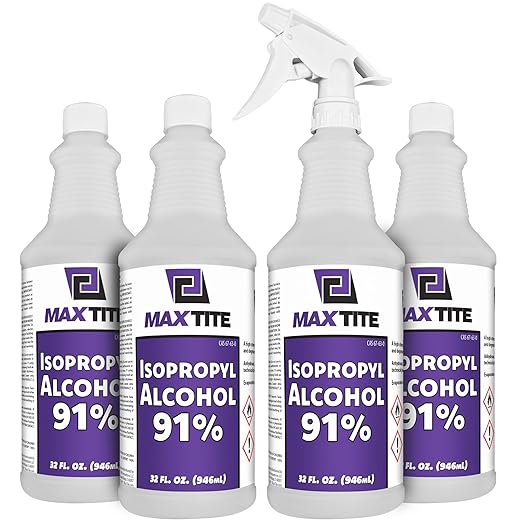 MaxTite 91% Isopropyl Alcohol (1 Gallon (4 Pack, 32 fl oz) - Includes Heavy-Duty Spray Nozzle - Made in USA
