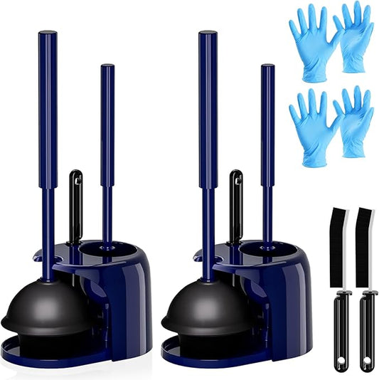 2PACK 4 in 1 Toilet Brush and Plunger Set with Crevice Cleaning Brush, Toilet Plunger and Brush Set with Extra Long Handle, Plungers for Bathroom Accessories, Toilet Plunger with Holder, Navy Blue