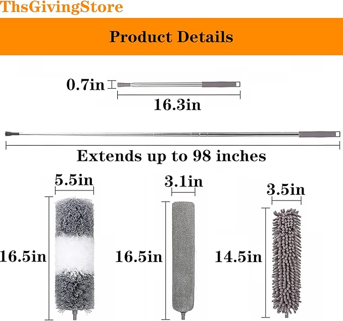 4PCS Ceiling Fan Duster with Extension Pole 16-98'', Microfiber Dust Brush + Gap Mop + Chenille Duster + Retractable Pole, Bendable Washable Feather Dusters for Cleaning Ceilings, Wall and Car
