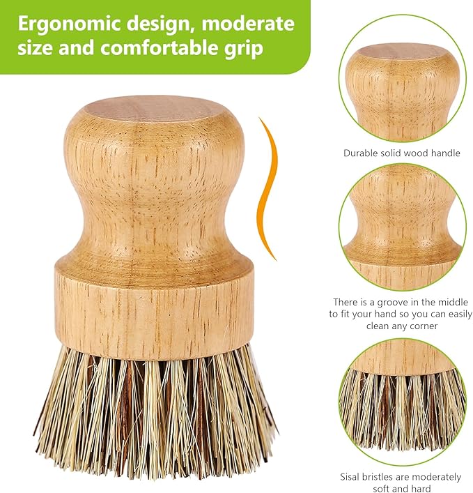 Natural Wooden Dish Brush，Kitchen Bamboo Scrub Brush for Dishes，2 Pack (Style-A, Small)