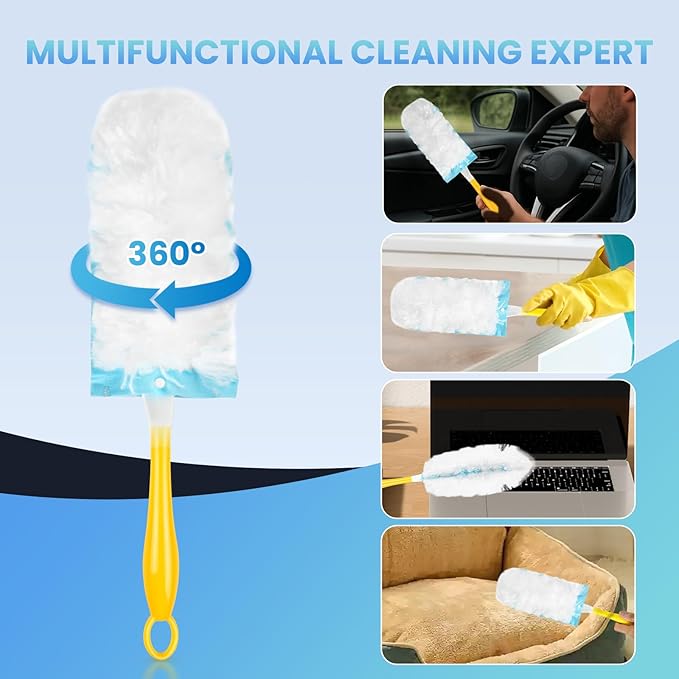 Duster Refills Compatible with Swiffer Duster, 60 Count Heavy Duty Duster Refills with 1 Short Handle + 1 Extenda Handle, Multisurface 360° Dusters with 4X Microfibers, Unscented Dusters for Cleaning