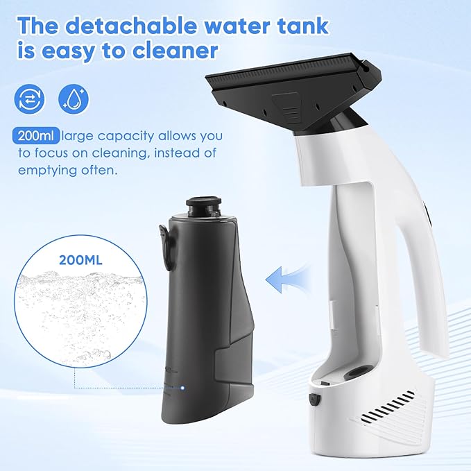 Window Vacuum Squeegee Cordless, Handheld Window Vac with Multi-Purpose Spray Bottle & Microfiber Cloth, Electric Cleaning Tool for Windows, Tiles, Mirror, Countertop, Car Windshield (White-Black)