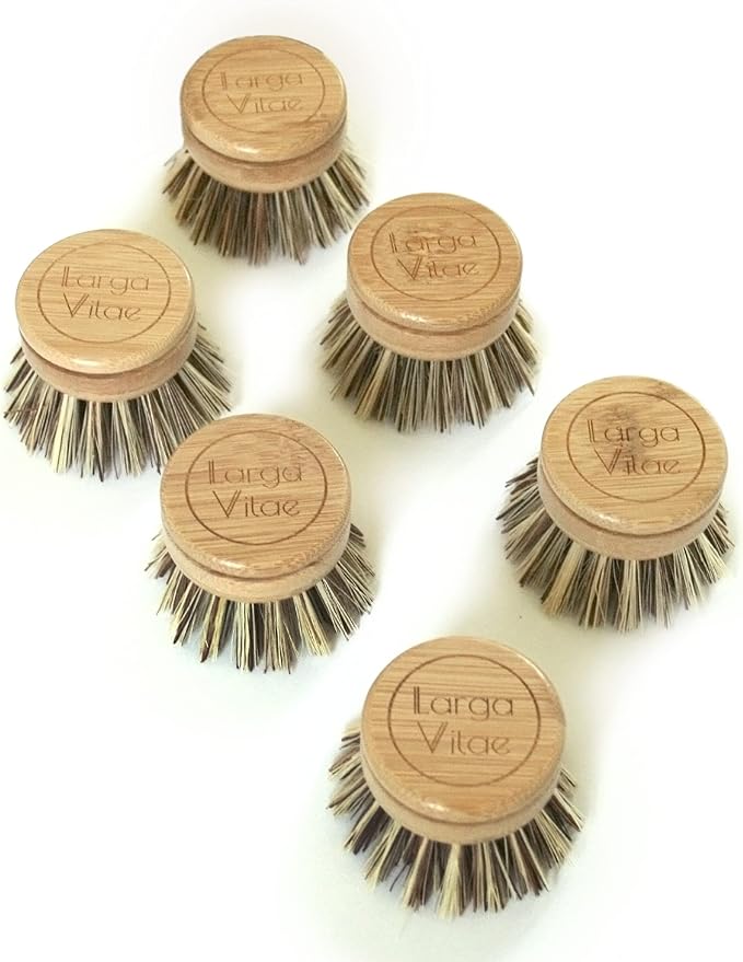 Larga Vitae 6 pcs Wooden Dish Brush Replacement Heads Made of Renewable Bamboo Wood and Natural Bristle Fiber, Durable, Long Lasting (Palm/Coconut Fiber Bristles)