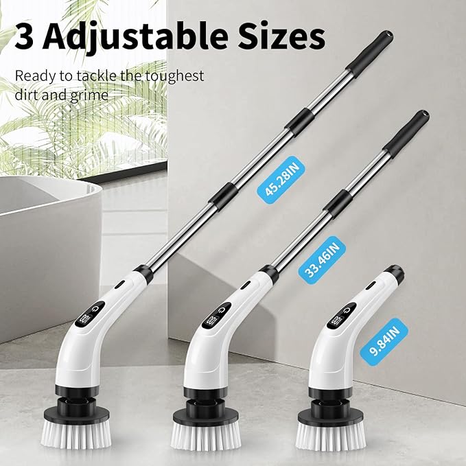 GOXAWEE Electric Spin Scrubber, Cordless Cleaning Brush with 8 Replaceable Brush Heads, Power Shower Scrubber with Long Handle for Bathroom, Tub, Tile, Floor (White)