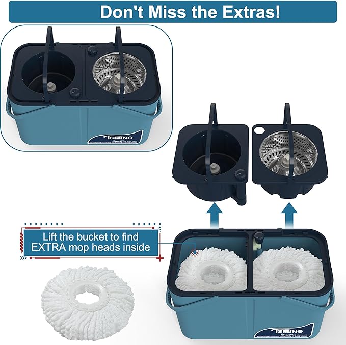 Spin Mop and Bucket,Mop Bucket with Separates Dirty and Clean Water,4-Chamber Mop and Bucket with Wringer Set for Home, Best Household Cleaning Tools with 6 Replacement Mop Heads,4X Wheel