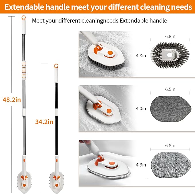 Tub Scrubber Brush with Long Handle, 3-in-1 Non Scratch Shower Scrubber Brush & 5 Detachable Replacement Brush Heads for Cleaning Bathroom, Tiles, Tub, Floor and Surfaces