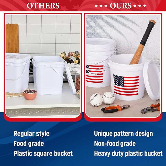 6 Pcs 2 Gallon Plastic Bucket with Lid and Handle, Large White Heavy Duty Bucket with American Flag for Home Gardening Tools Household Cleaning Baseballs Storage Container