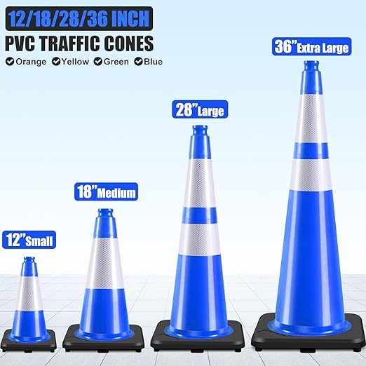 Fluorescent Orange/Green PVC Traffic Cones, Heavy Black Base Parking Lot Cone Structurally Stable Weatherproof Road Construction Safety Cones (4, Blue, 12" Small)