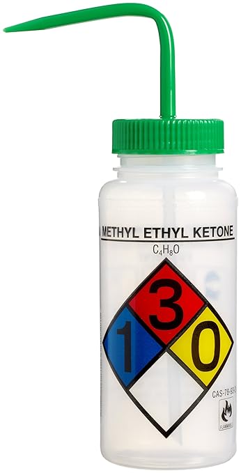 SP Bel-Art Safety-Labeled 4-Color Methyl Ethyl Ketone Wide-Mouth Wash Bottles; 500ml (16oz), Polyethylene w/Green Polypropylene Cap (Pack of 4) (F11716-0012)