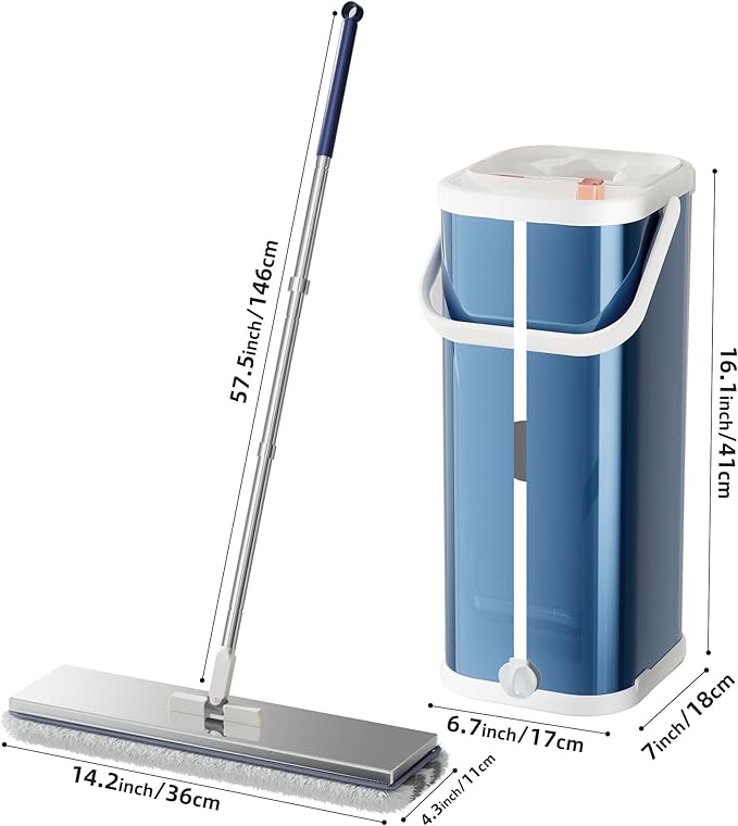 SWIFTIRON Separates Dirty Water Mop, Flat Mop and Bucket for Home with 4 Extra Refills, Stainless Steel Mop and Bucket with Wringer (Blue)