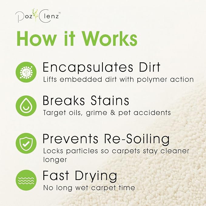 Poz Clenz Triple-Action Carpet Cleaner | Cleans, Deodorizes & Brightens | Concentrated, 1 Quart | Low-Foam Multi-Surface Solution for Use on Carpets, Rugs & Upholstery.