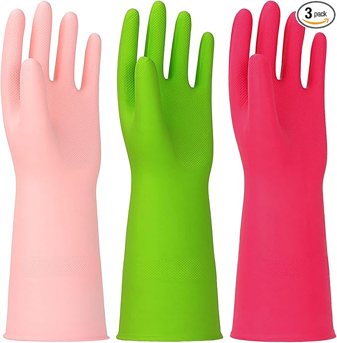 3 Pairs Rubber Cleaning Gloves Latex Free Dishwashing Gloves - 13" Reusable Nitrile Gloves Large, Green+Pink+Red