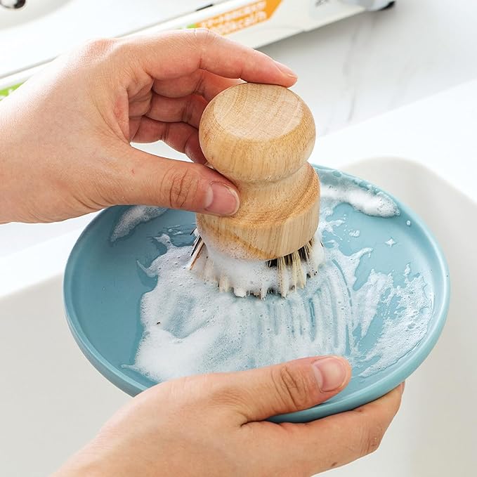 Natural Wooden Dish Brush，Kitchen Bamboo Scrub Brush for Dishes，2 Pack (Style-A, Small)