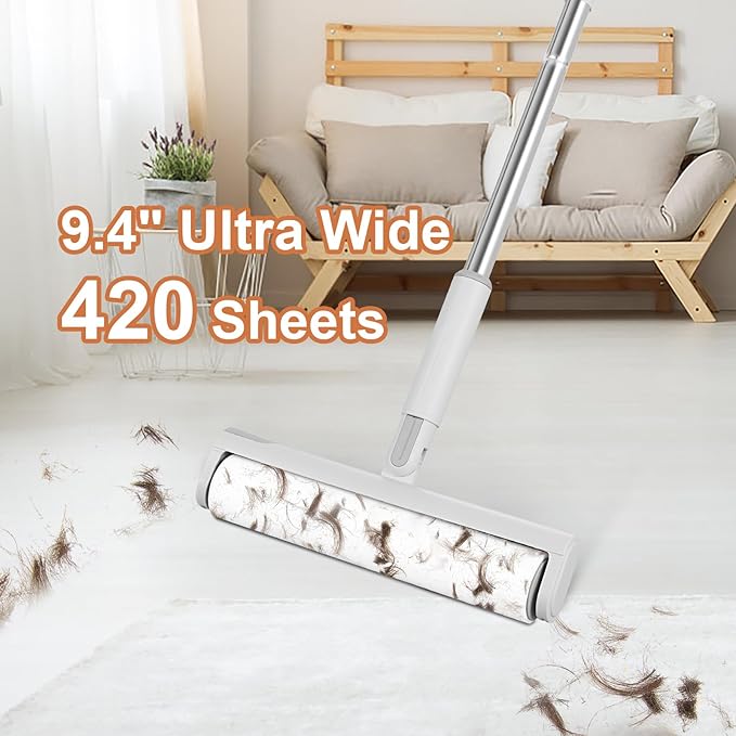 Large Lint Roller for Pet Hair, 9.45'' Extendable Lint Roller with 7 Extra Sticky Refills (420 Sheets), One-Click Spring Button for Easy Refill Change, Furniture Floor Car Clothes Hair Remover
