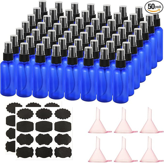 50 Pack 2oz Plastic Spray Bottles Small Empty Fine Mist Spray Bottle Blue Clear Bottles for Essential Oils, Bath, Beauty, Hair & Cleaning, Small Spray Bottles for Travel, With 10 Funnels