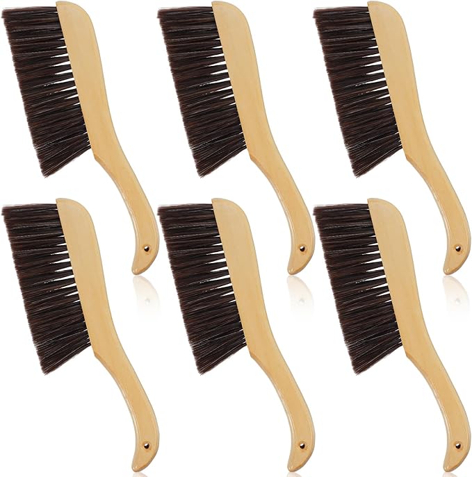 Afcabakila 6 Pieces Wooden Hand Broom, Soft Bristle Dust Brush with Long Wood Handle, Cleaning Brush for Furniture, Car, Sofa, Bed, Fireplace, Bench, Counter, Clothes, Household Cleaning, Brown