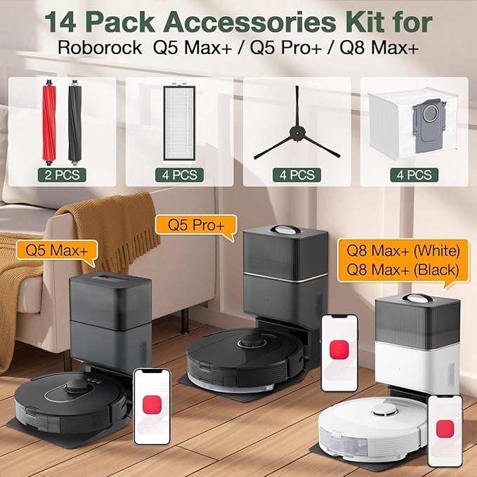 Q5 Max+ Accessories for Roborock Q5 Max+, Q5 DuoRoller+, Q5 Pro+, Q8 Max+ Robot Vacuum Cleaners, Replacement Parts Include 2 Roller Brush, 4 Side Brushes, 4 Filter, 4 Dust Bag, NOT For Q5 Model