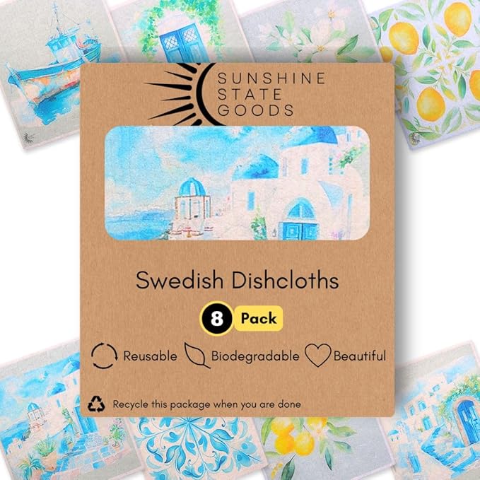 Swedish Dishcloths for Kitchen - Ecofriendly Reusable Paper Towels, Biodegradable Dish Cloths - Cellulose Sponge Dish Cloths for Washing Dishes - 8 Pack (Mediterranean)