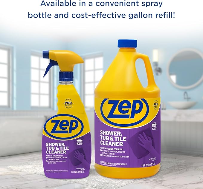 Zep Shower, Tub and Tile Cleaner - 1 Gallon (Case of 4) ZUSTT128 - No Scrub Pro Formula with Acid, Breaks Up Tough Buildup on Contact, Revealing Squeaky Clean Results