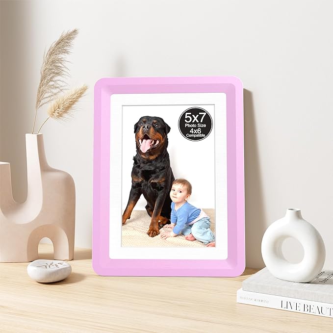 1-Pack 5x7 Picture Frame or 4x6 with Mat – Shatterproof Plastic Picture Frames for Family, Nursery & Playroom, Wall & Tabletop Frame for Home or Office, Safe Lightweight Design, Dreamy Pink