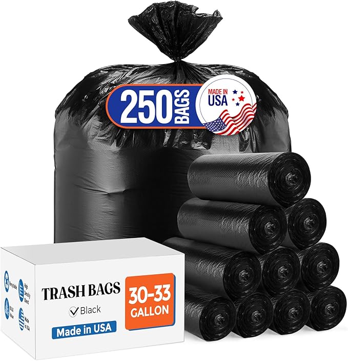 Delxo 30-33 Gallon Trash Bags, 250 Count – Medium Duty Garbage Bags, Thick, Durable & Puncture-Resistant Plastic Bolsas para basura, Perforated Design– Made in USA for Kitchen, Yard, Office (Black)