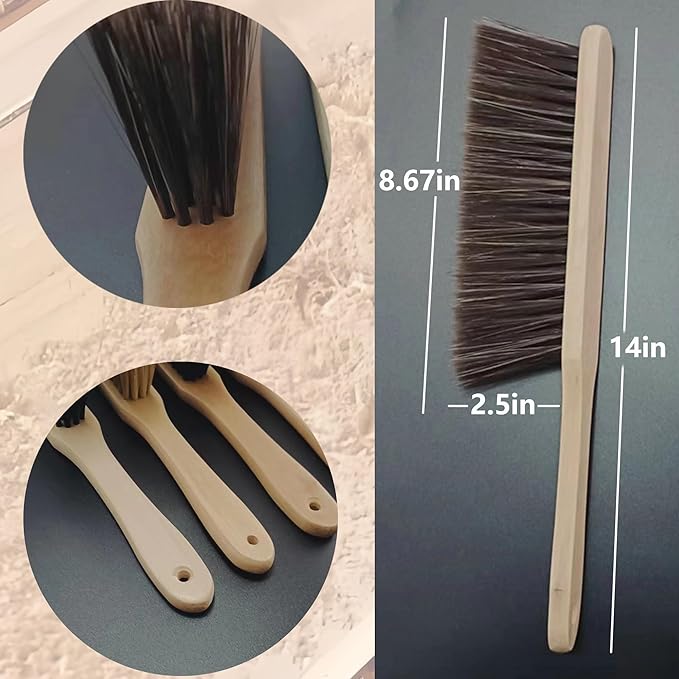 2 Pieces Woooden Dust Brush Hand Broom Bench Brush with Long Wood Handle Whisk Broom Soft Bristle Brush for Counter Bed Sofa Car Fireplace Clothes Household Cleaning (Brown,Beige)