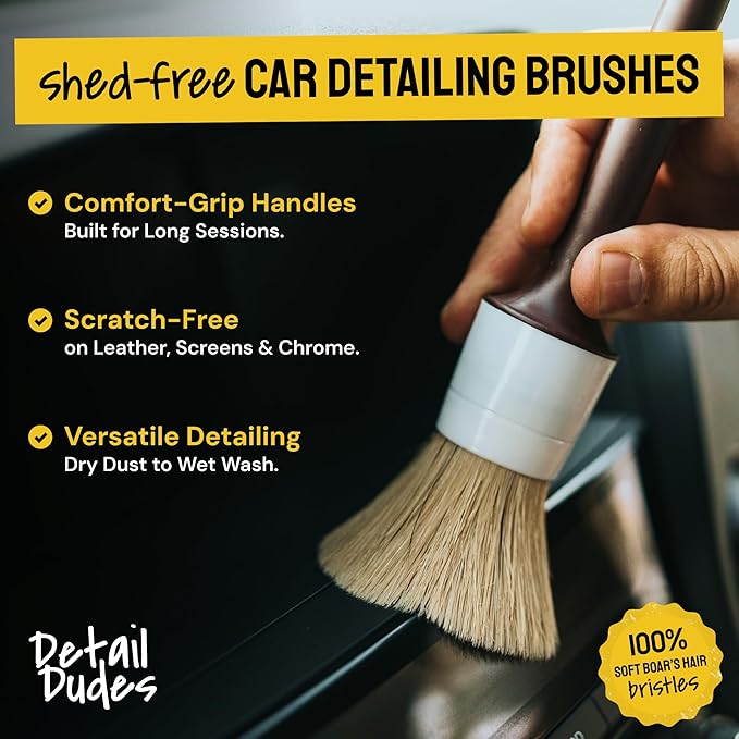 Detail Dudes Soft Boar Hair Car Detailing Brush Set - 3-Pack, Brown - Car Detailing Kit for Versatile Uses - Soft Bristles Cleaning Brush - Water-Resistant Handles