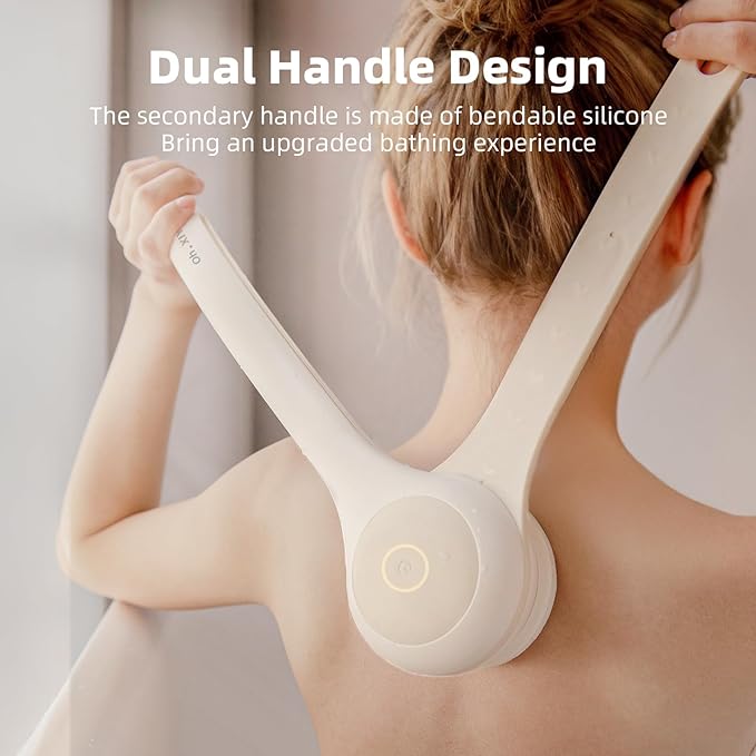 Oh,XIYU. Electric Body Brush Back Scrubber for Shower, Waterproof Long Dual Handle Power Body Scrubber with 3 Heads, Rechargeable Bath Brush & 2 Speeds, for Cleansing, Exfoliating and Massaging Skin