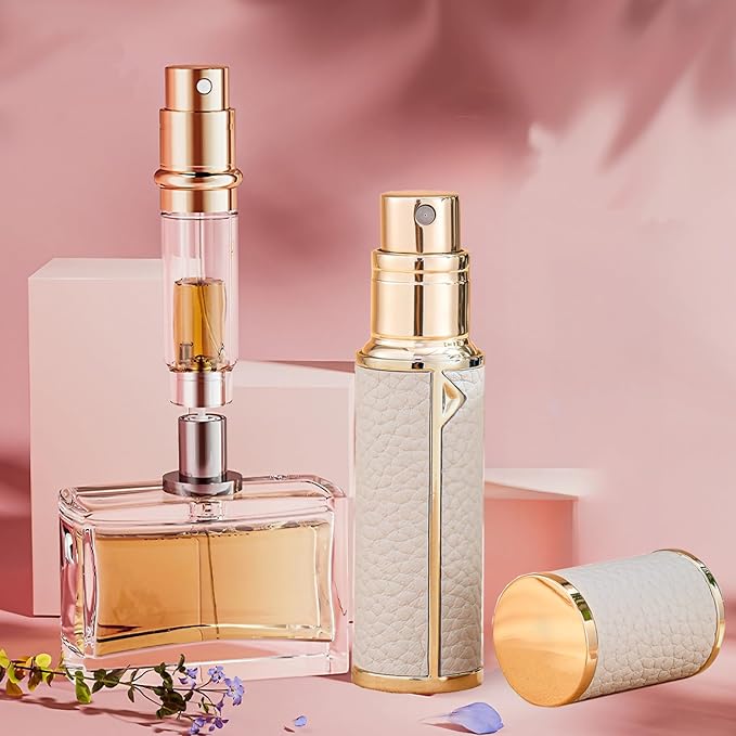 Perfume Travel Refillable Atomizer mini spray travel perfume bottle，Mini Cologne Dispenser refill bottle，5ml Comes in gift box Genuine Leather Bottom-Filling Fragrances Perfume Atomizer(White)