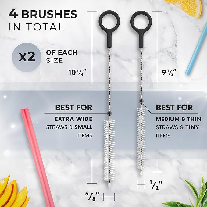 Buenalife Heavy Duty Cleaning Brushes Set of 4 - Extra Long Straw Cleaners for Metal and Plastic Reusable Drinking Straws, to Clean Small Spaces, Sippy Cups, Water Bottles - Sturdy Hard Brush Bristles