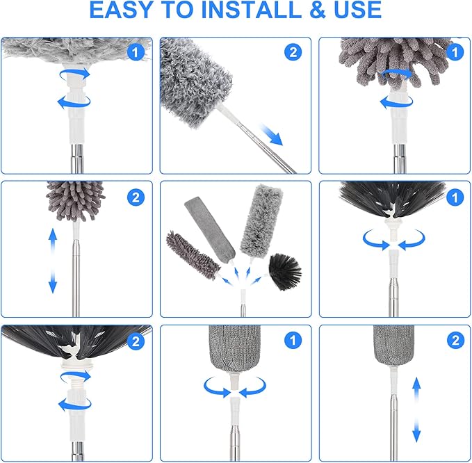 Duster with Extension Pole for Cleaning Ceiling Fans, High Ceilings, in Addition, Dusters for Cleaning Can Also Be Used for Low Places Cleaning, Such As Cabinets, Sofas, and Other Small Spaces.