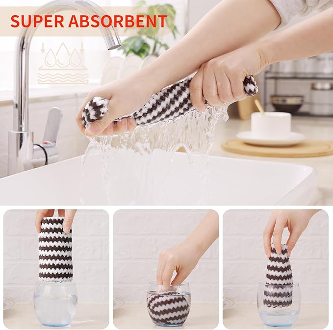 Homaxy 12 Pack Kitchen Dish Cloths, Ultra Soft and Absorbent Dish Towels, Reusable Fast Drying Microfiber Cleaning Cloth, Coral Velvet Wave Design No-lint, 10 x 10 inches, Brown