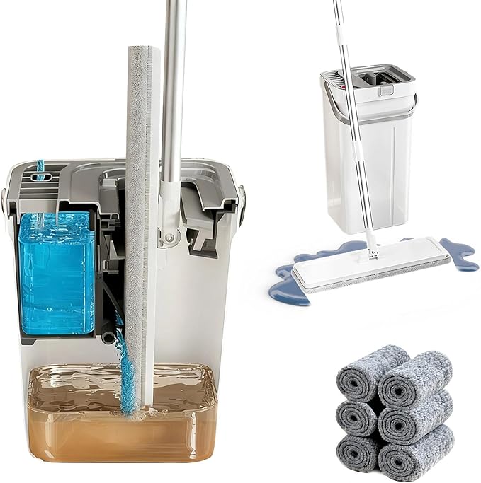 Meetue Mop and Bucket Set, Flat Mop and Bucket System with Wringer, Automatic Separates Dirty and Clean Water Include 6 Reusable Microfiber Mops for Floor Cleaning
