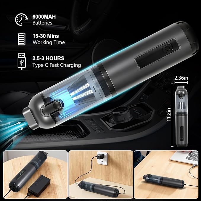 RoDzj Car Vacuum Portable Cordless, 17000Pa 2 in 1 Vacuum Cleaner&Air Duster, 100W Brushless Motor Handheld Vacuum Cordless with 6000mAh Battery, Multi-Nozzles for Car, Home, Office, Pet