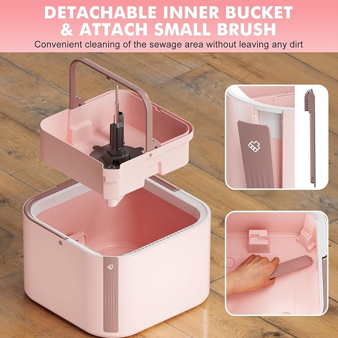 KZKR Square Spin Mop and Bucket Set with Self Separation Dirty and Clean Water System,Self Wringing 360° Rotating Mops Head for Home Floors Cleaning (2.0 mop Bucket Set with 6 Pads)