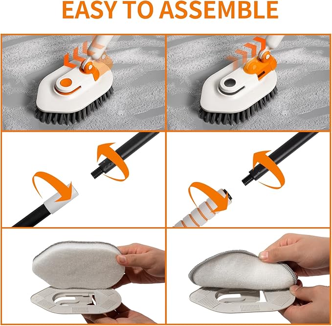 Tub Scrubber Brush with Long Handle, 3-in-1 Non Scratch Shower Scrubber Brush & 5 Detachable Replacement Brush Heads for Cleaning Bathroom, Tiles, Tub, Floor and Surfaces