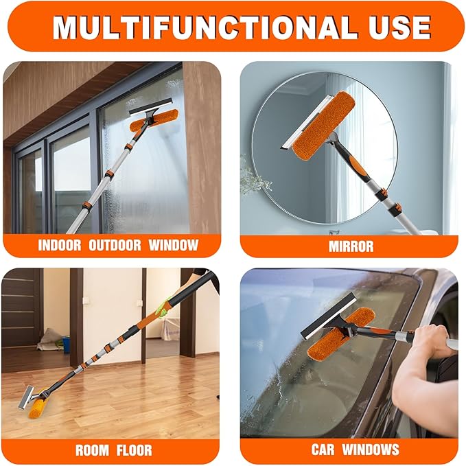 SISUPASSIE 20FT Reach 2-in-1 Window Squeegee, Professional Window Washing Kit with 3-12FT Extension Pole for Home, Indoor Outdoor Squeegee with Rotatable Head for High Windows