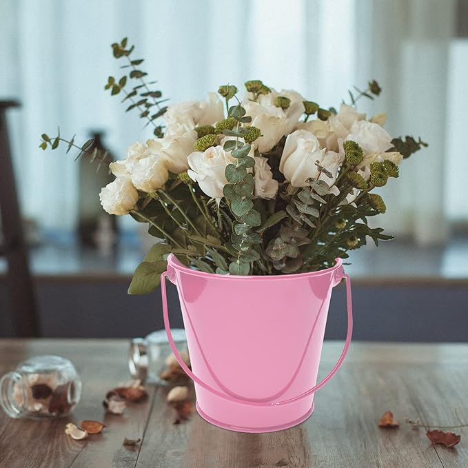 Small Metal Buckets with Handle, 6 Pack 4.3 Inch Colored Galvanized Bucket for Kids,Classroom,Crafts,and Party Favors (Pink, 4.3" Top)