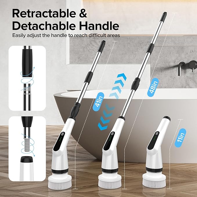 WKY-Electric Spin Scrubber - Upgraded 12-in-1 IPX7 Waterproof Shower Scrubber, Retractable Handle & 2-Speed for Toilet, Bathroom, Bathtub, Tile Floors
