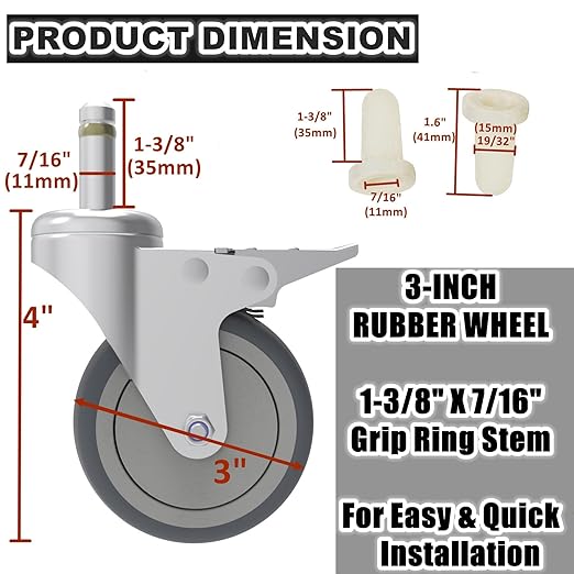 3-Inch Swivel Stem Caster, 7/16-Inch Stem Diameter Rubber Wheel, Heavy Duty TPR Replacement Wheels for Rubbermaid Mop Bucket Cart Grill Casters - 4 Pack (2 Brakes 2 Swivel)