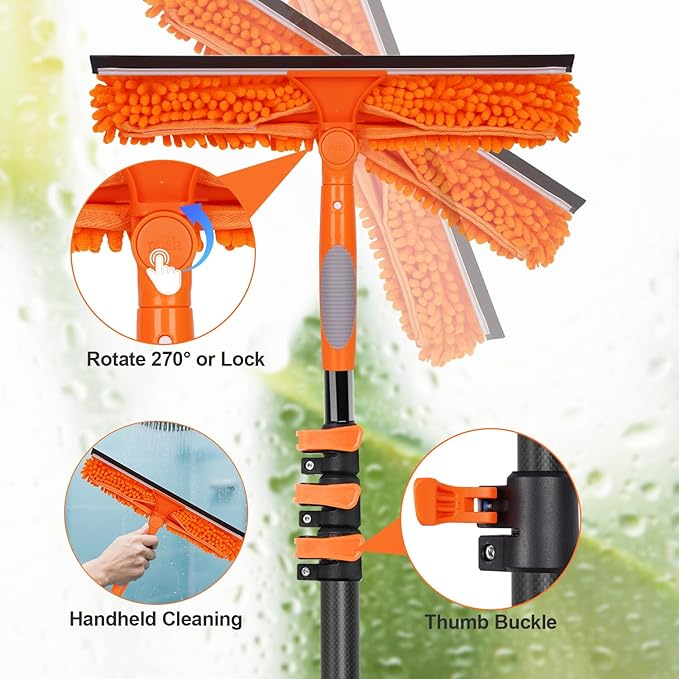 Msnaile Window Washing Kit with Extension Pole 4.7 to 24FT, Long Squeegee for Window Cleaning Indoor Outdoor, Carbon Fiber Telescopic Pole for Window Cleaner Tool with Microfibre Pad & Chenille Cloth