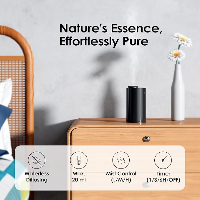 Airversa Waterless Diffuser for Essential Oil, Battery Operated Nebulizer, 0.7 Fl.Oz./ 20mL Capacity, Mini Scent Air Machine, 3 Countdown Timers & 3 Mist Levels for Home, Room, Car, Office - AN6 Black