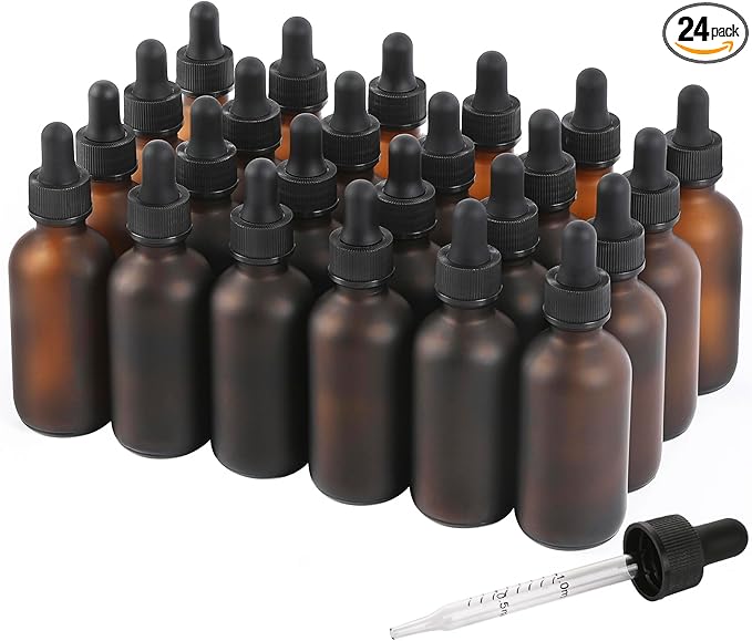 24 Pack, 2oz Glass Dropper Bottle, Preety Texture Tincture Bottles with Precise Scales Eye Droppe, for All Kinds Of Mixed Liquids,Leak-Proof Design for Easy Travel (Amber Frosted)