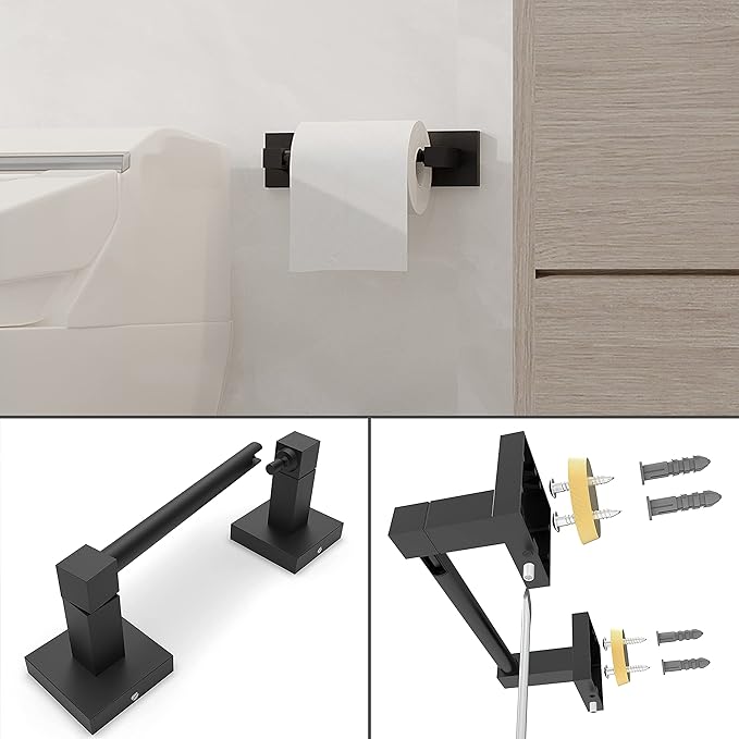 Ruacq Matte Black Toilet Paper Holder Towel Ring Bathroom Accessories Hardware Set Double Post Pivoting Toilet Roll Holder Square Stainless Steel and Zinc Alloy Modern Wall Mounted 2 Pieces