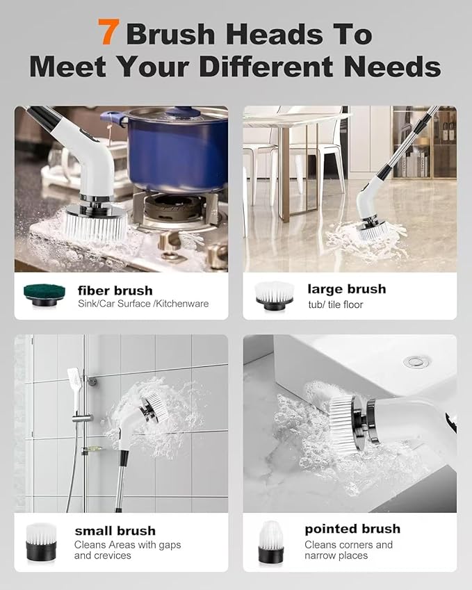 Electric Spin Scrubber, IP67 Waterproof Cordless Power Scrubber with Power LCD Display, 7 Replaceable Cleaning Brush Heads Dual Speed, Adjustable & Detachable Long Handle, Bathroom, Shower, Tub