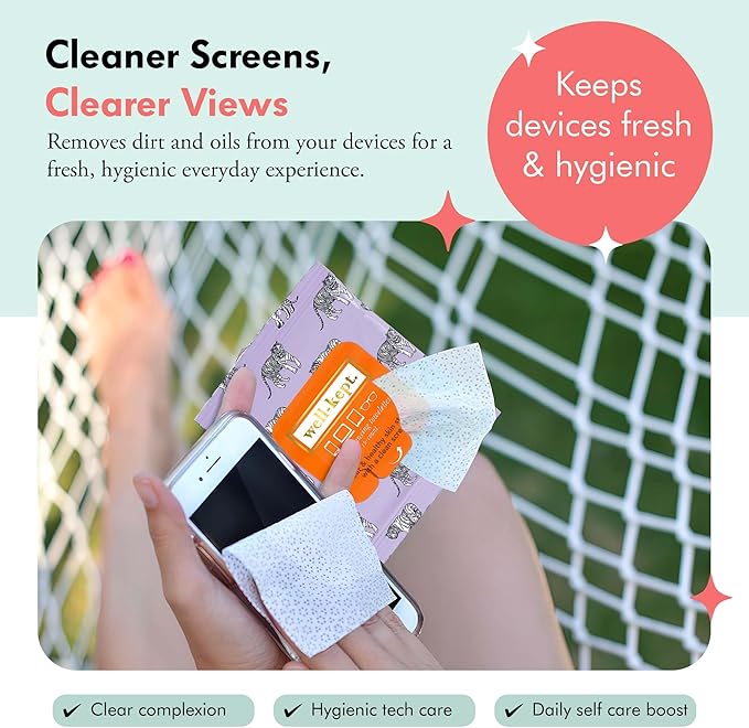 Well-Kept Tech & Lens Wipes - Eyeglass, Screen & Phone Cleaning, Multi-Surface, Lint-Free, Pre Moistened, Streak-Free & Non Scratching - Tiger Pose, 6 Pack (90 Count)