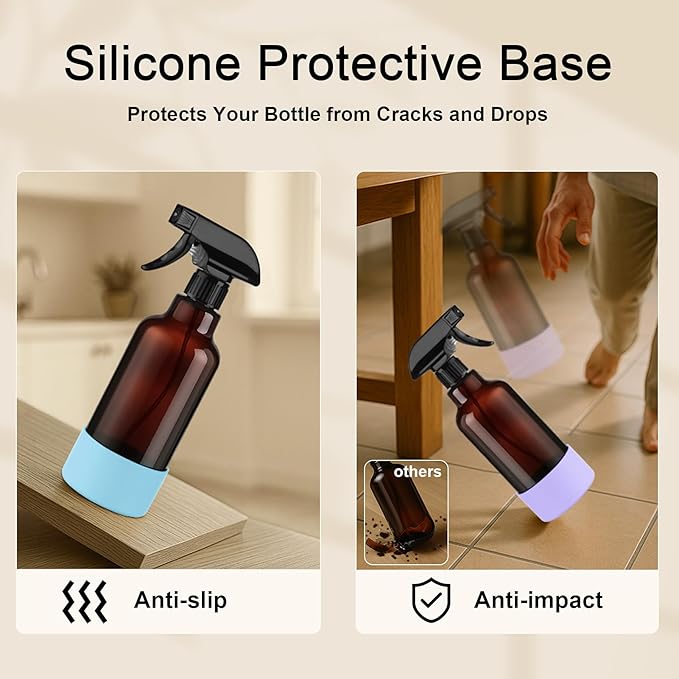 Glass Spray Bottles with Silicone Sleeve 16.9oz 2 Pack Empty Spray Bottle for Hair Mist/Stream Spraying for Cleaning Solutions, Plants, Essential Oils (Brown-qblue&purple)