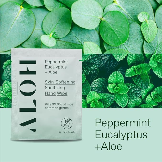 ALŌH Skin - Softening Sanitizing Hand Wipes – Peppermint + Eucalyptus Aloe (1 Box of 20 Individually Wrapped Wipes)
