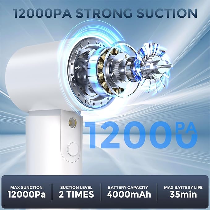 TURNRISE Car Vacuum Cordless: 12000Pa 2 in 1 Handheld Vacuum & Blower - Hand Vacuum Portable Cordless with Led Light, Multi-Nozzles for Car, Home, Office, Pet, Hair White