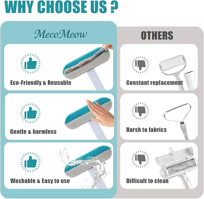 MecoMeow Pet Hair Removal Brush for Couch, Durable, Reusable, Washable Lint Cleaner for Dog and Cat Hair, Gentle on Furniture, Effective on Carpets, Clothing, Bedding-with Bag
